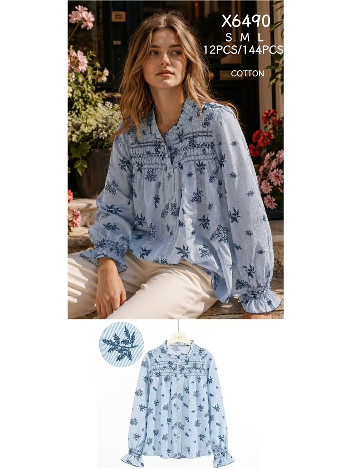 Blusa algodón bordada nido de abeja