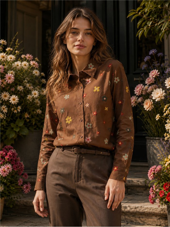 Camisa algodón flores bordadas