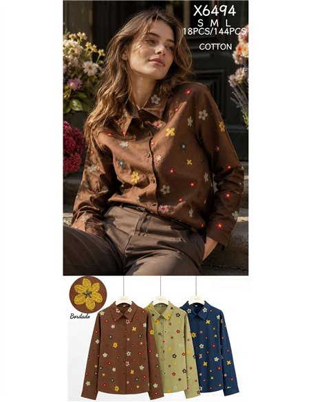 Camisa algodón flores bordadas