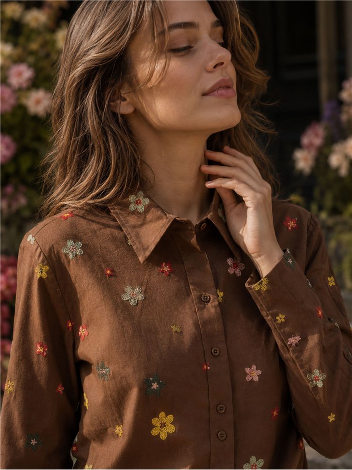 Camisa algodón flores bordadas