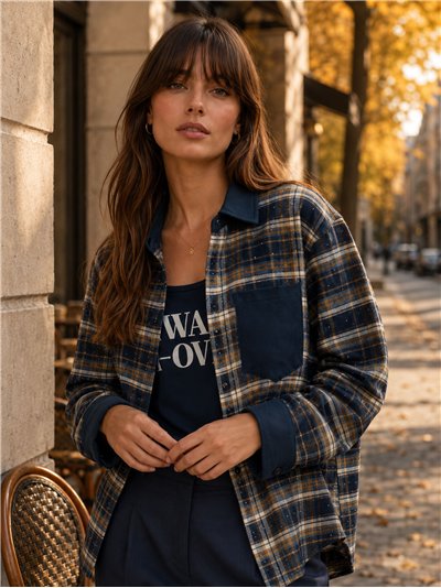 Conjunto camisa cuadros detalles efecto ante y top