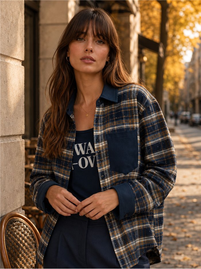 Conjunto camisa cuadros detalles efecto ante y top