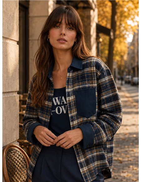 Conjunto camisa cuadros detalles efecto ante y top