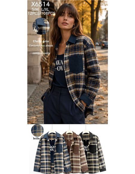 Conjunto camisa cuadros detalles efecto ante y top