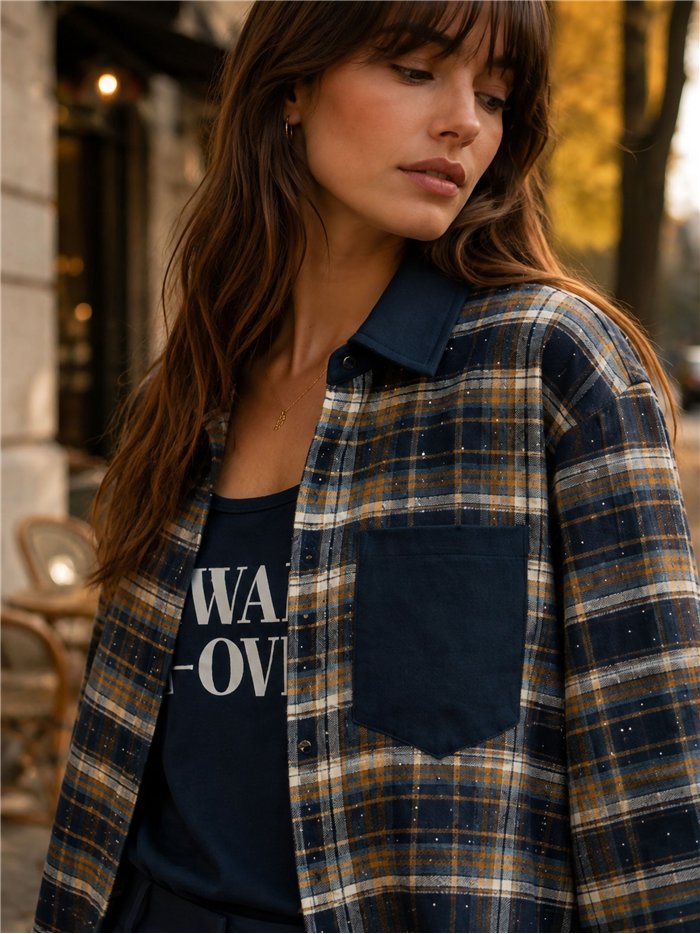 Conjunto camisa cuadros detalles efecto ante y top