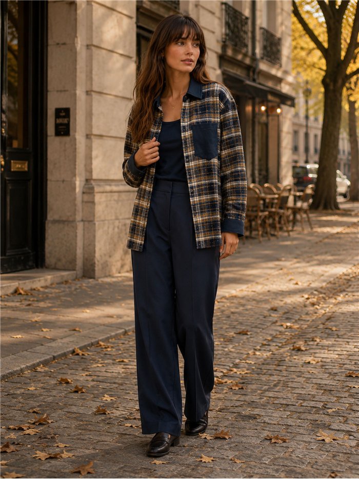 Conjunto camisa cuadros detalles efecto ante y top