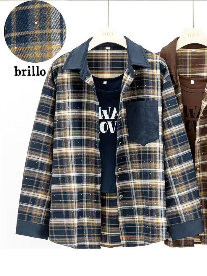 Conjunto camisa cuadros detalles efecto ante y top