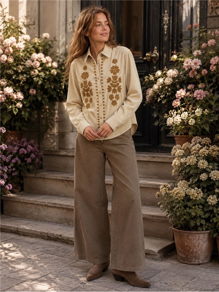 Camisa terciopelo flores bordadas