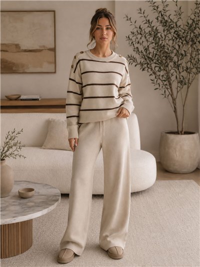 Conjunto jersey de rayas hombro botones y pantalón wide leg
