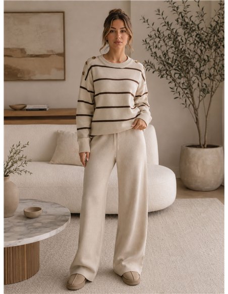 Conjunto jersey de rayas hombro botones y pantalón wide leg