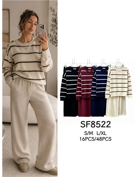 Conjunto jersey de rayas hombro botones y pantalón wide leg