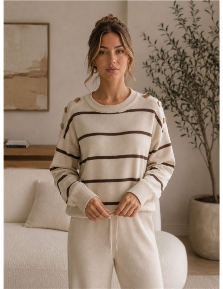 Conjunto jersey de rayas hombro botones y pantalón wide leg