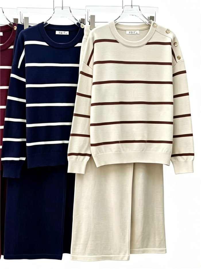 Conjunto jersey de rayas hombro botones y pantalón wide leg