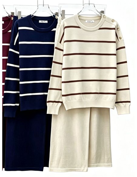 Conjunto jersey de rayas hombro botones y pantalón wide leg