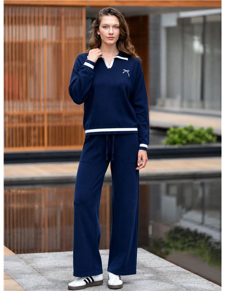 Conjunto jersey cuello polo lazo y pantalón wide leg