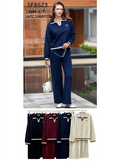 Conjunto jersey cuello polo lazo y pantalón wide leg 2