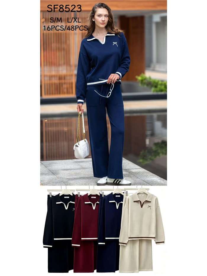 Conjunto jersey cuello polo lazo y pantalón wide leg