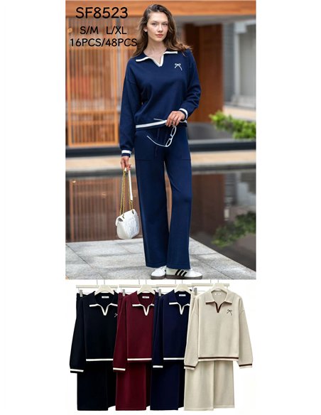 Conjunto jersey cuello polo lazo y pantalón wide leg