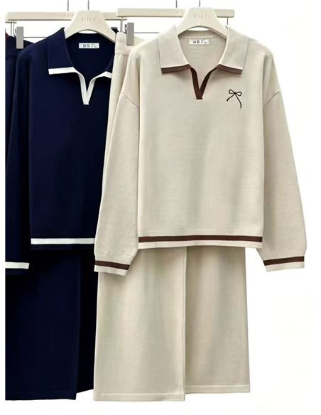 Conjunto jersey cuello polo lazo y pantalón wide leg