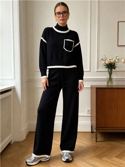 Conjunto jersey ribete contraste cuello alto y pantalón wide leg