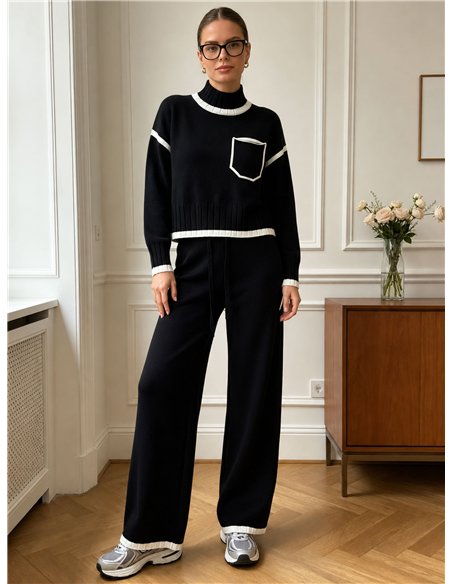 Conjunto jersey ribete contraste cuello alto y pantalón wide leg