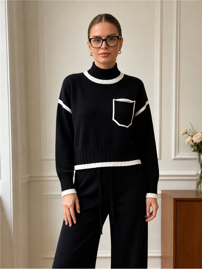 Conjunto jersey ribete contraste cuello alto y pantalón wide leg