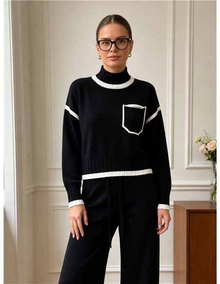 Conjunto jersey ribete contraste cuello alto y pantalón wide leg