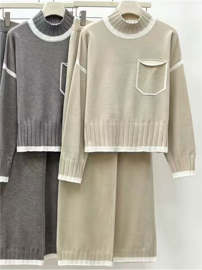 Conjunto jersey ribete contraste cuello alto y pantalón wide leg