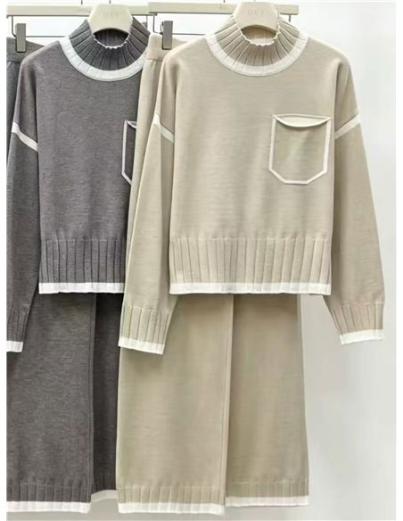 Conjunto jersey ribete contraste cuello alto y pantalón wide leg