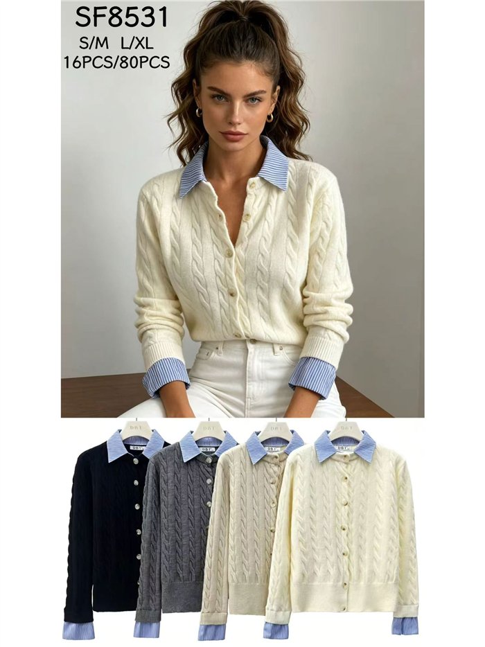 Cárdigan trenzado cuello camisero