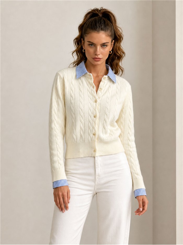 Cárdigan trenzado cuello camisero