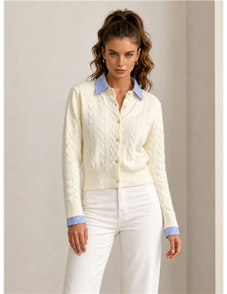 Cárdigan trenzado cuello camisero