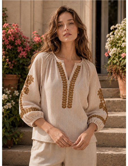 Blusa de algodón de rayas bordada