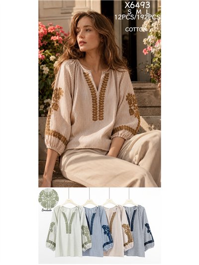 Blusa de algodón de rayas bordada 2