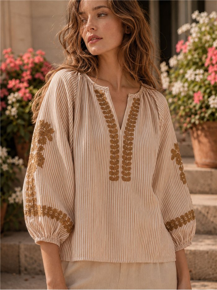 Blusa de algodón de rayas bordada