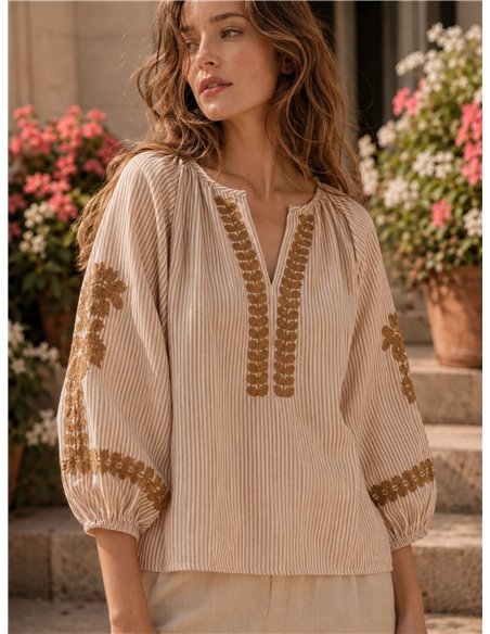 Blusa de algodón de rayas bordada
