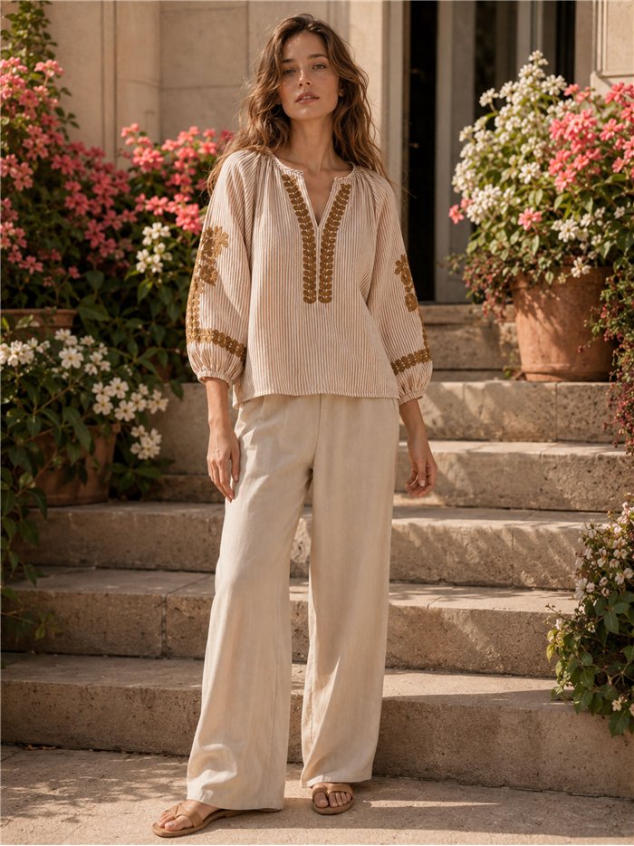 Blusa de algodón de rayas bordada
