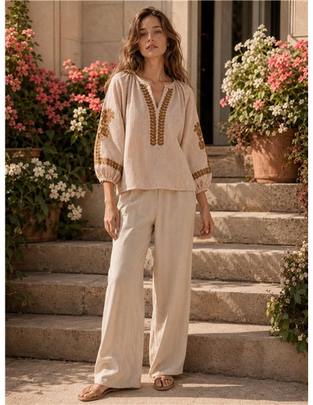 Blusa de algodón de rayas bordada