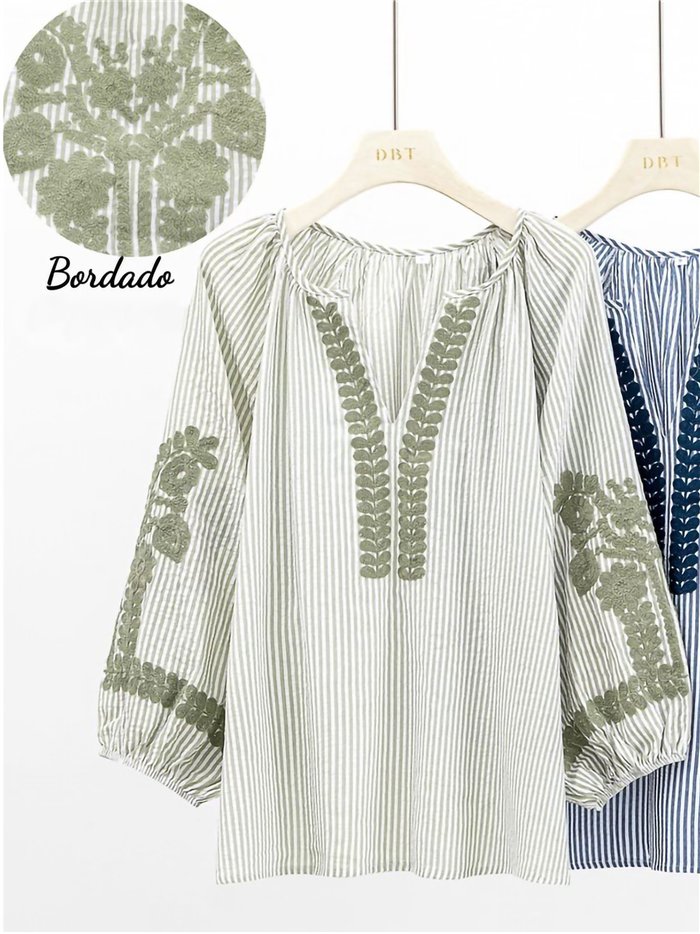 Blusa de algodón de rayas bordada