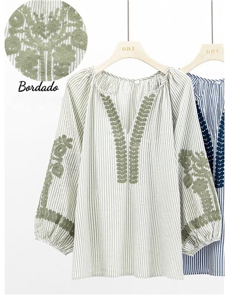 Blusa de algodón de rayas bordada
