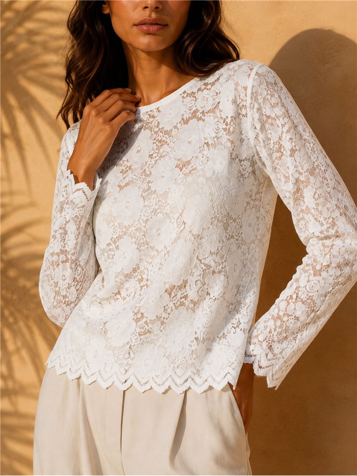 Camiseta encaje floral cuello redondo