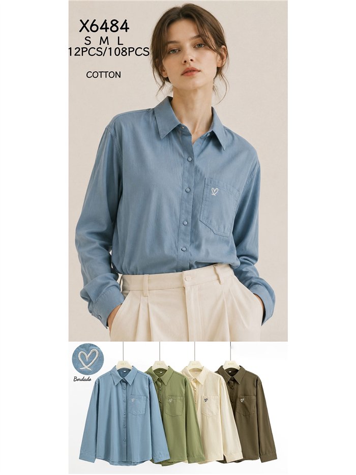 Camisa algodón bolsillo bordado de corazón