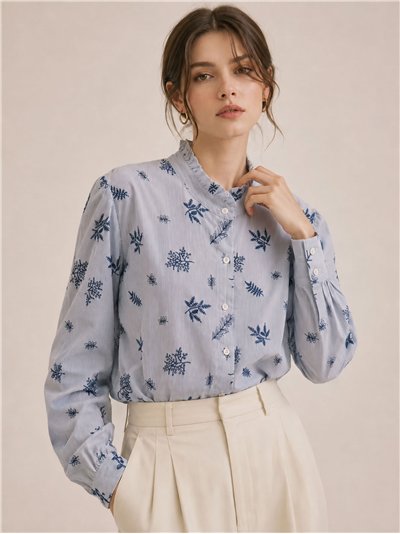Striped floral embroidered shirt