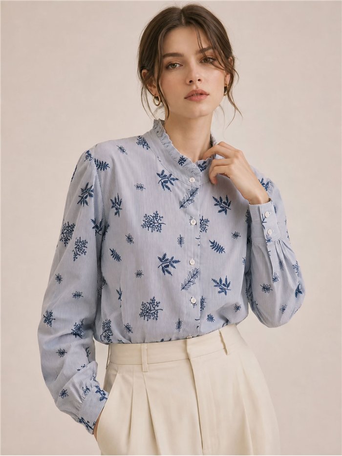 Striped floral embroidered shirt