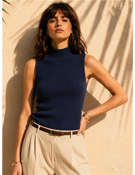 Top canalé cuello alto