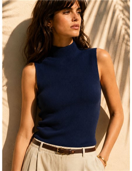 Top canalé cuello alto