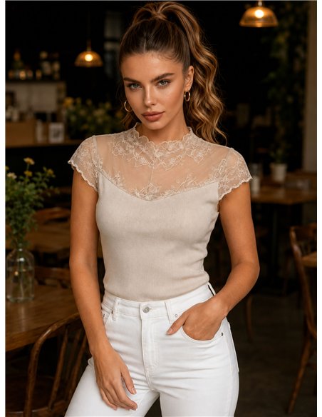 Ribbed lace yoke knit top