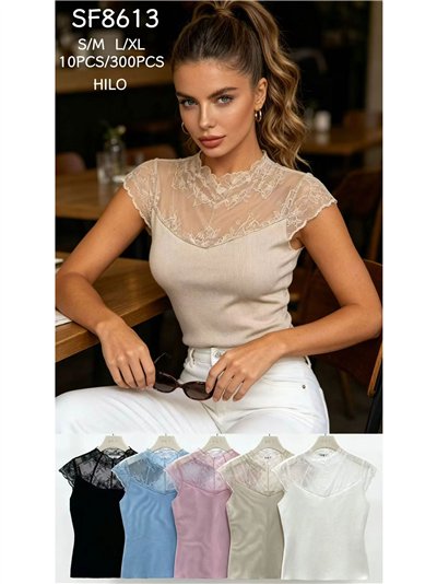 Ribbed lace yoke knit top 2