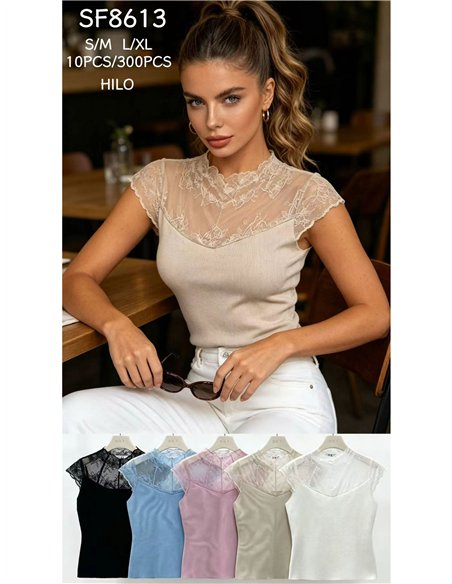 Ribbed lace yoke knit top