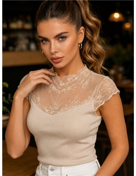 Ribbed lace yoke knit top